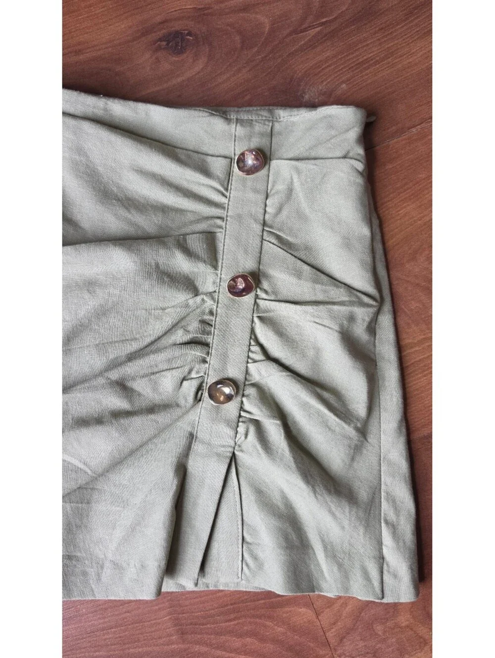 NWT ZARA Sage Green Ruched Asymmetrical Mini Skort Gold Buttons Sz Small, #132